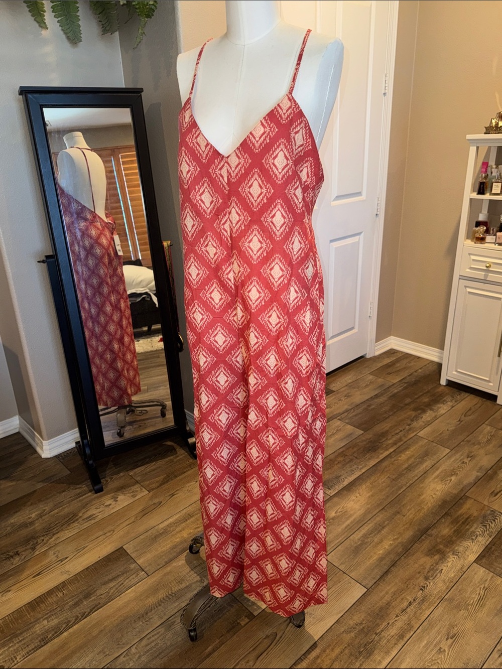 Zara The Jami Orange/Red  Ikat Pattern Boho Jumpsuit. Large